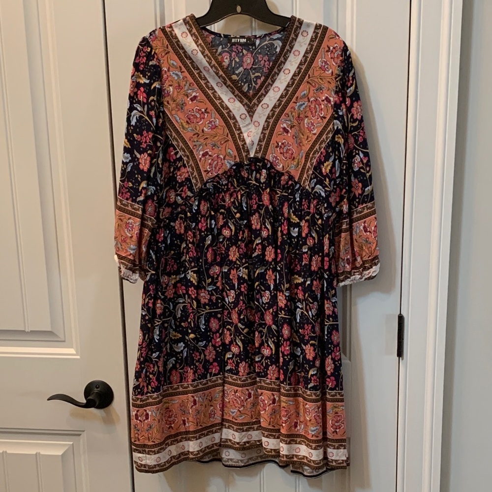 Boho V-Neck Mini Babydoll Dress in Navy with Peach Floral